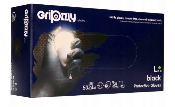 Rękawice nitrylowe bezpudrowe diamentowa tekstura Gripzzly czarne rozmiar L (50 sztuk)
