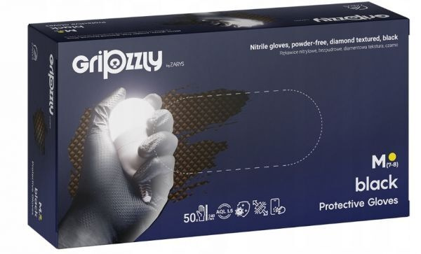 Rękawice nitrylowe bezpudrowe diamentowa tekstura Gripzzly czarne rozmiar M (50 sztuk)
