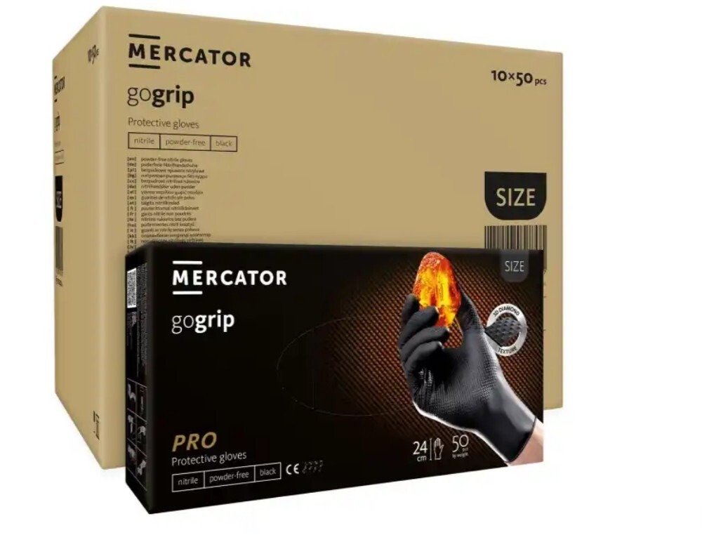 Rękawice nitrylowe, bezpudrowe Mercator gogrip czarne rozmiar XL (50 sztuk)