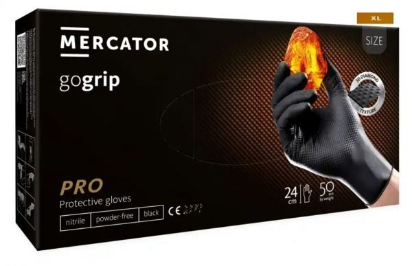 Rękawice nitrylowe, bezpudrowe Mercator gogrip czarne rozmiar XL (50 sztuk)