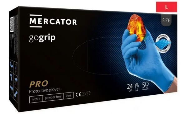 Rękawice nitrylowe, bezpudrowe Mercator gogrip niebieskie rozmiar L (50 sztuk)