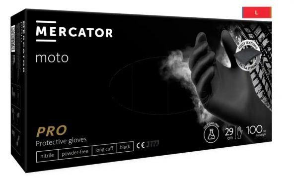 Rękawice nitrylowe, bezpudrowe Mercator moto czarne rozmiar L (100 sztuk)