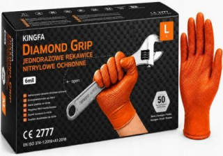Rękawice rękawiczki nitrylowe pomarańczowe KINGFA Diamond Grip ochronne rozmiar L (50 sztuk)