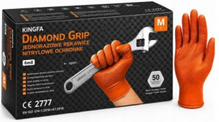 Rękawice rękawiczki nitrylowe pomarańczowe KINGFA Diamond Grip ochronne rozmiar M (50 sztuk)
