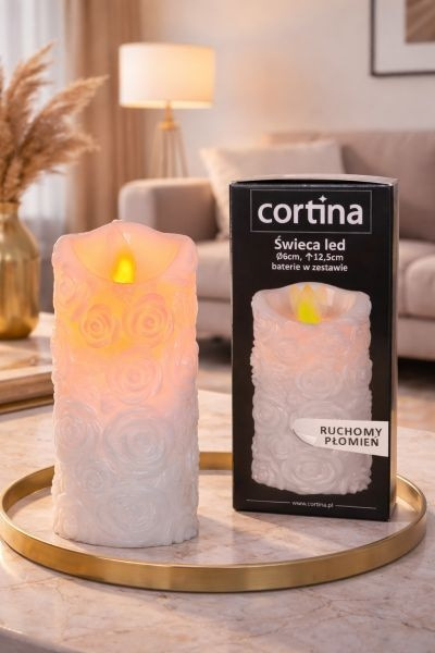 Świeca z różą LED z efektem płomienia biała z bateriami 12,5 cm Cortina