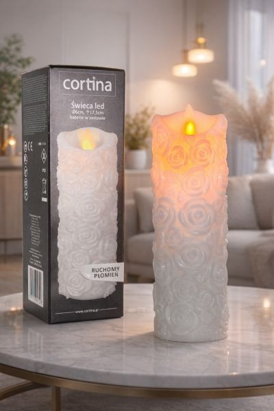 Świeca z różą LED z efektem płomienia biała z bateriami 17,5 cm Cortina
