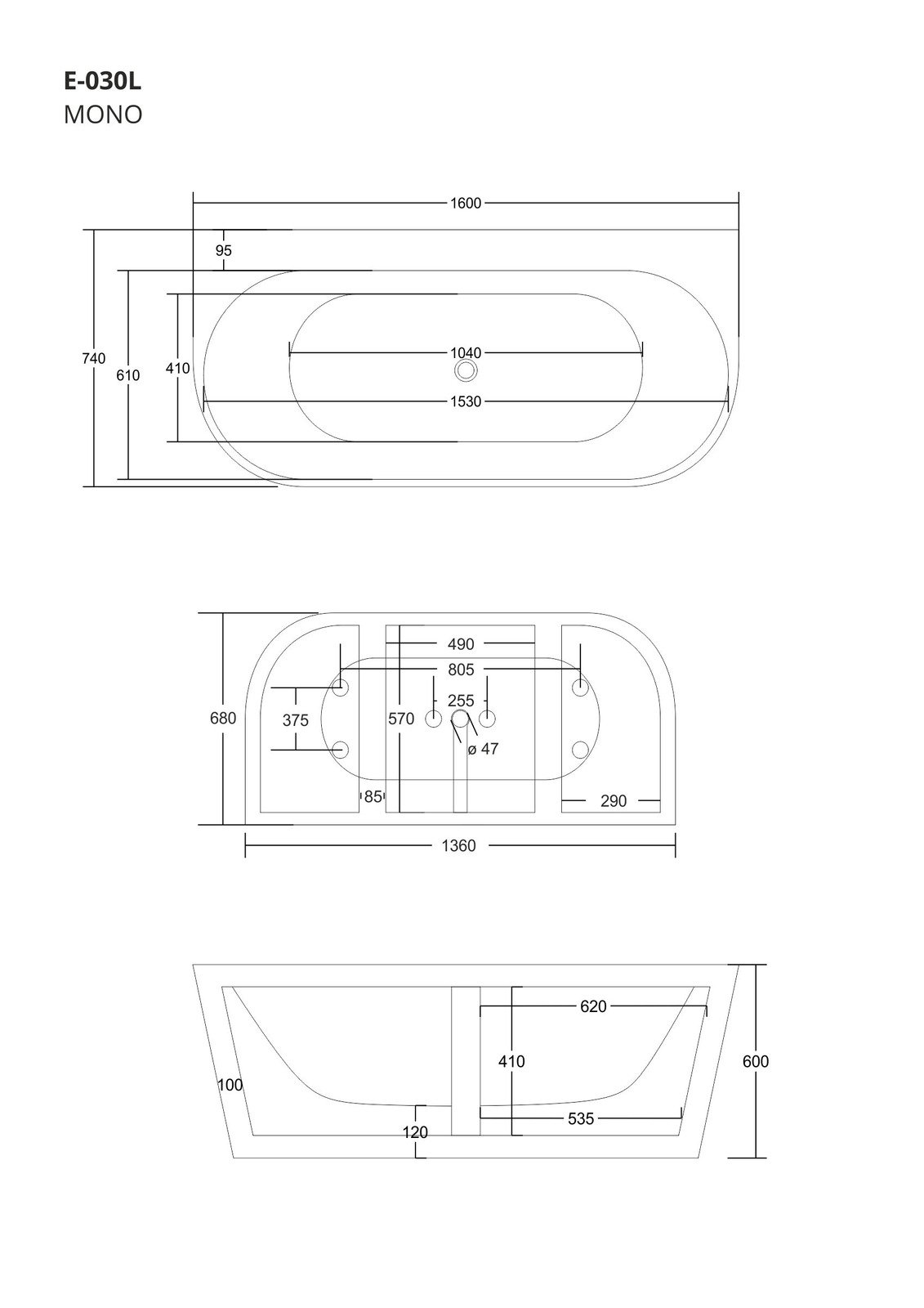 Wanna przyścienna wolnostojąca Corsan MONO 160 x 74 cm z szeroką krawędzią Korek klik-klak Biały