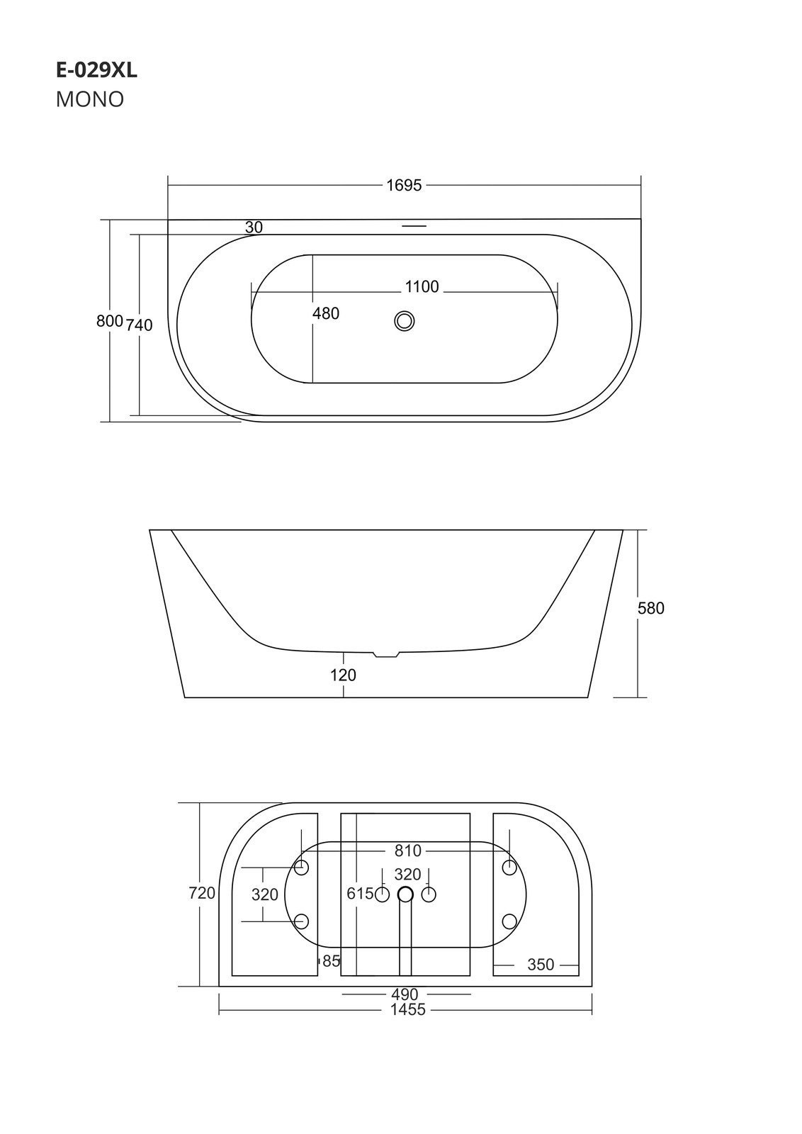 Wanna przyścienna wolnostojąca Corsan MONO 170 x 80 cm Korek klik-klak Biały