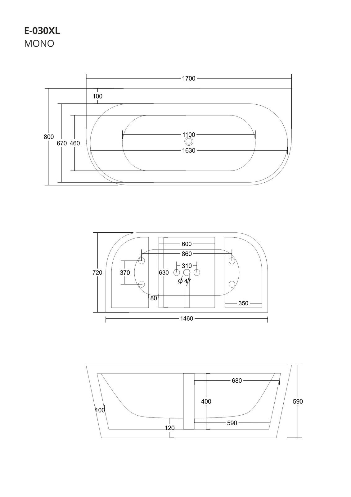 Wanna przyścienna wolnostojąca Corsan MONO 170 x 80 cm z szeroką krawędzią Korek klik-klak Biały