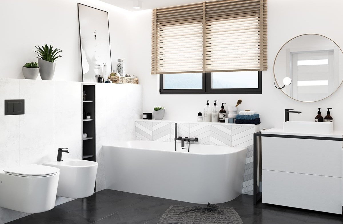 Wanna wolnostojąca narożna Corsan INTERO 160 x 74 Montaż lewostronny Korek klik-klak Biały