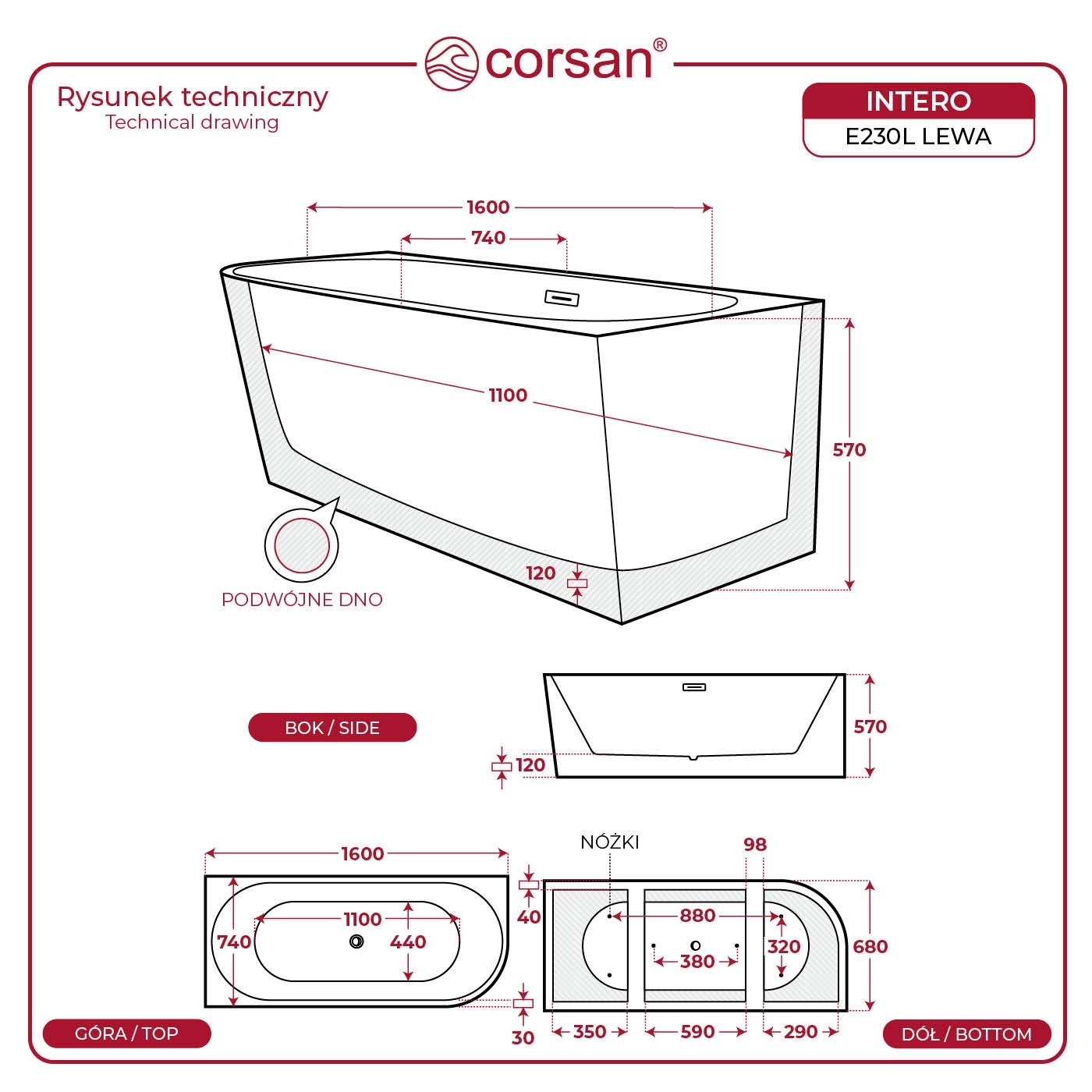 Wanna wolnostojąca narożna Corsan INTERO 160 x 74 Montaż lewostronny Korek klik-klak Biały