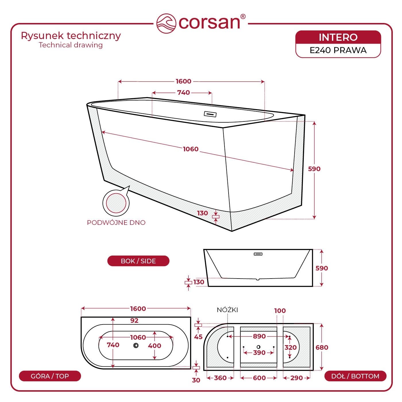 Wanna wolnostojąca narożna Corsan INTERO 160 x 74 Montaż prawostronny Korek klik-klak Biały