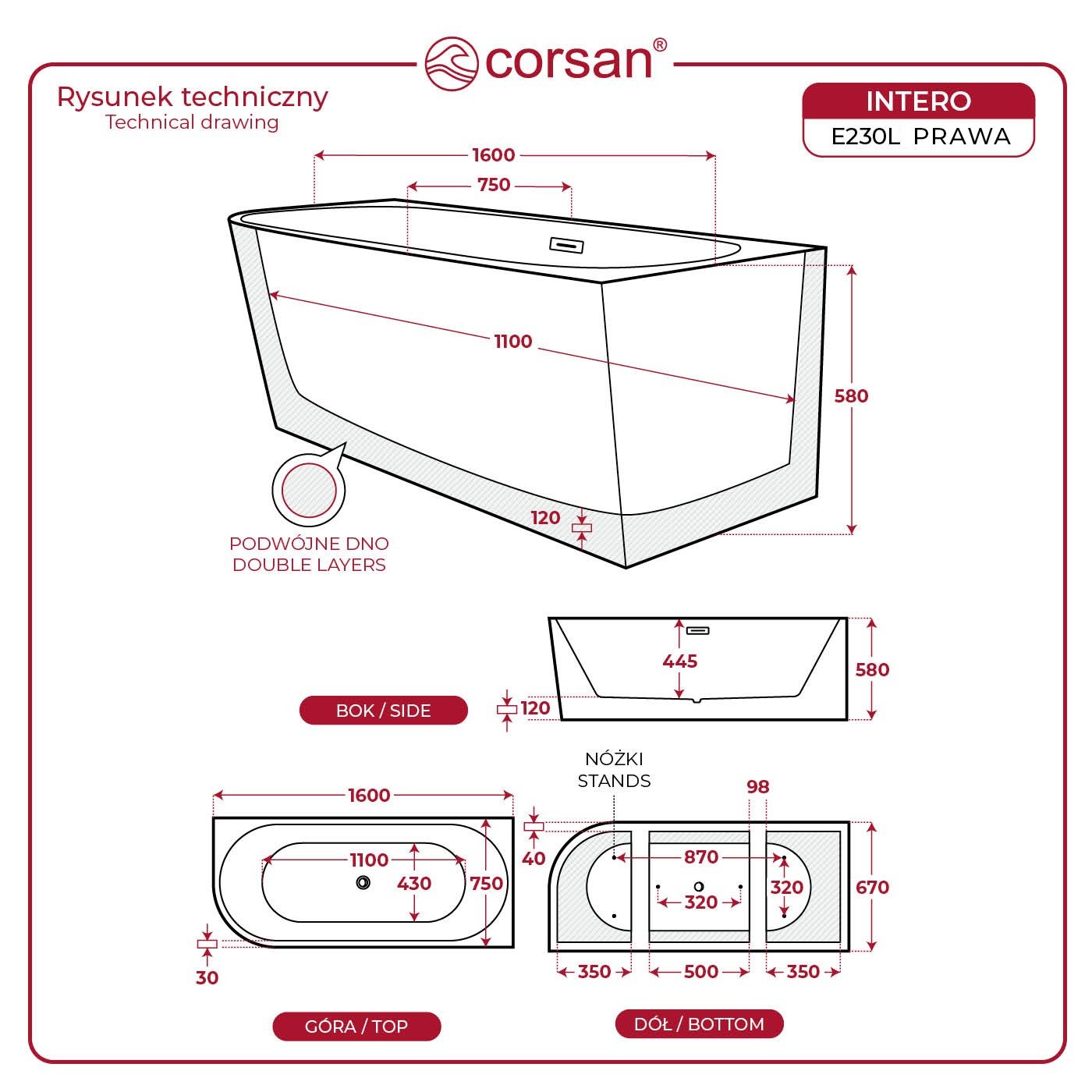 Wanna wolnostojąca narożna Corsan INTERO 160 x 74 Montaż prawostronny Korek klik-klak Biały
