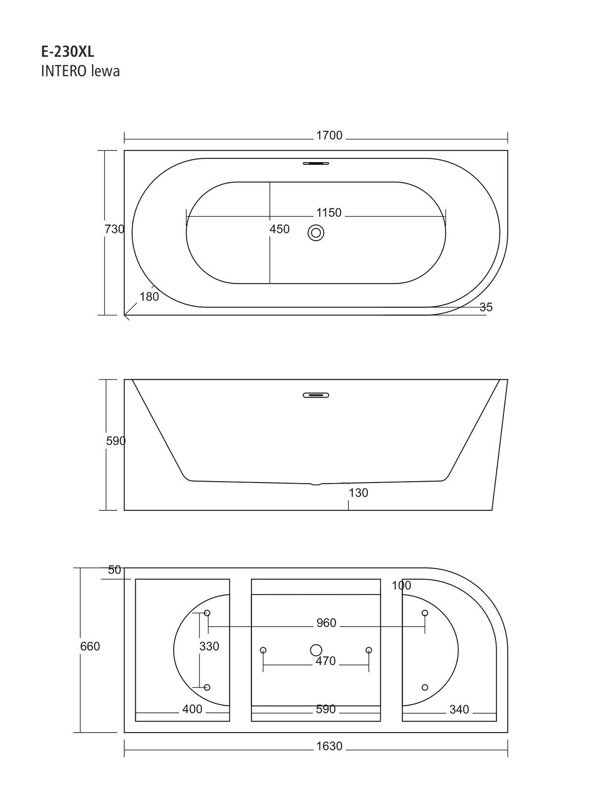 Wanna wolnostojąca narożna Corsan INTERO 170 x 73 Montaż lewostronny Korek klik-klak Biały