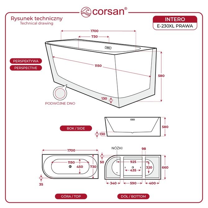 Wanna wolnostojąca narożna Corsan INTERO 170 x 73 Montaż prawostronny Korek klik-klak Biały