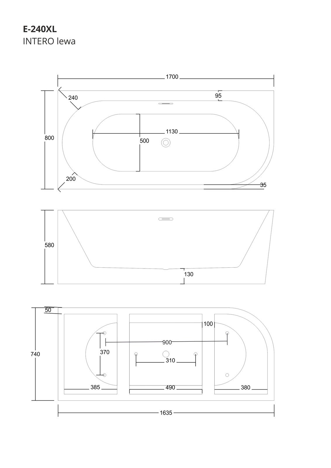 Wanna wolnostojąca narożna Corsan INTERO 170 x 80 z szeroką krawędzią Montaż lewostronny Korek klik-klak Biały