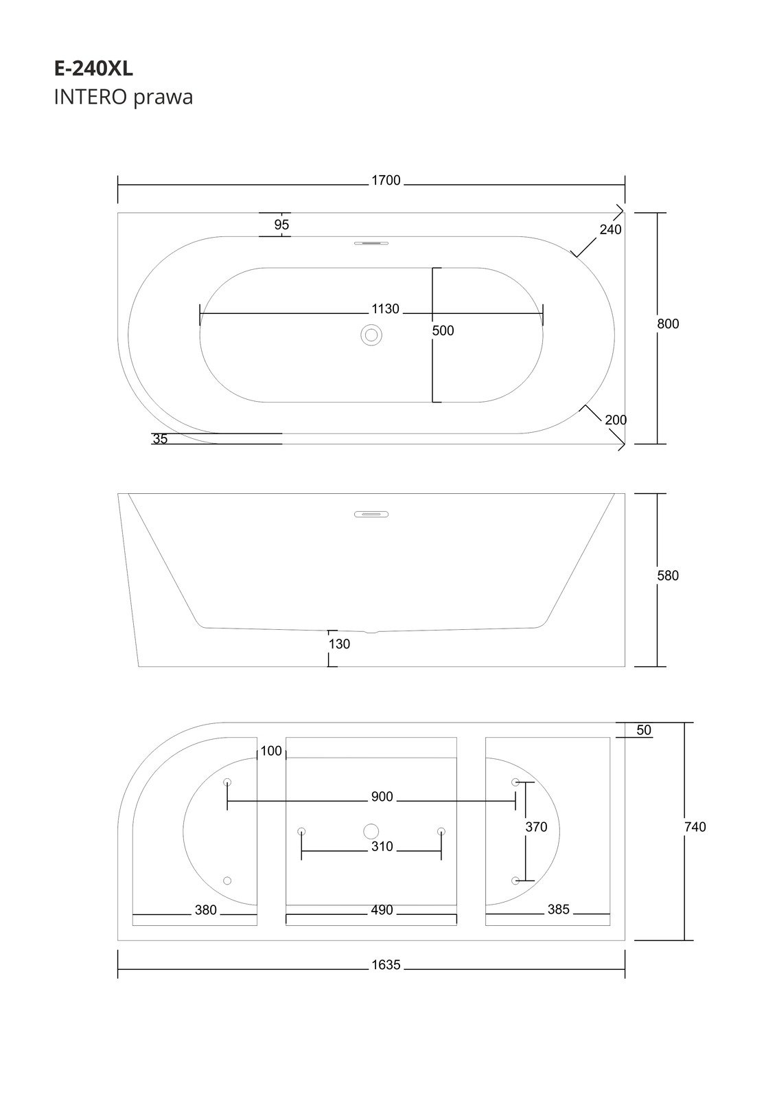 Wanna wolnostojąca narożna Corsan INTERO 170 x 80 z szeroką krawędzią Montaż prawostronny Korek klik-klak Biały