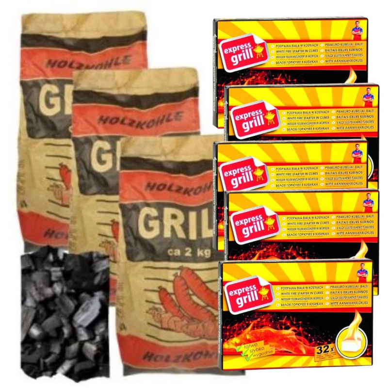 Węgiel drzewny 2 kg x 3 sztuki + Podpałka w kostce Express Grill do grilla, pieców i kominków (32 sztuki) x 5 opakowań