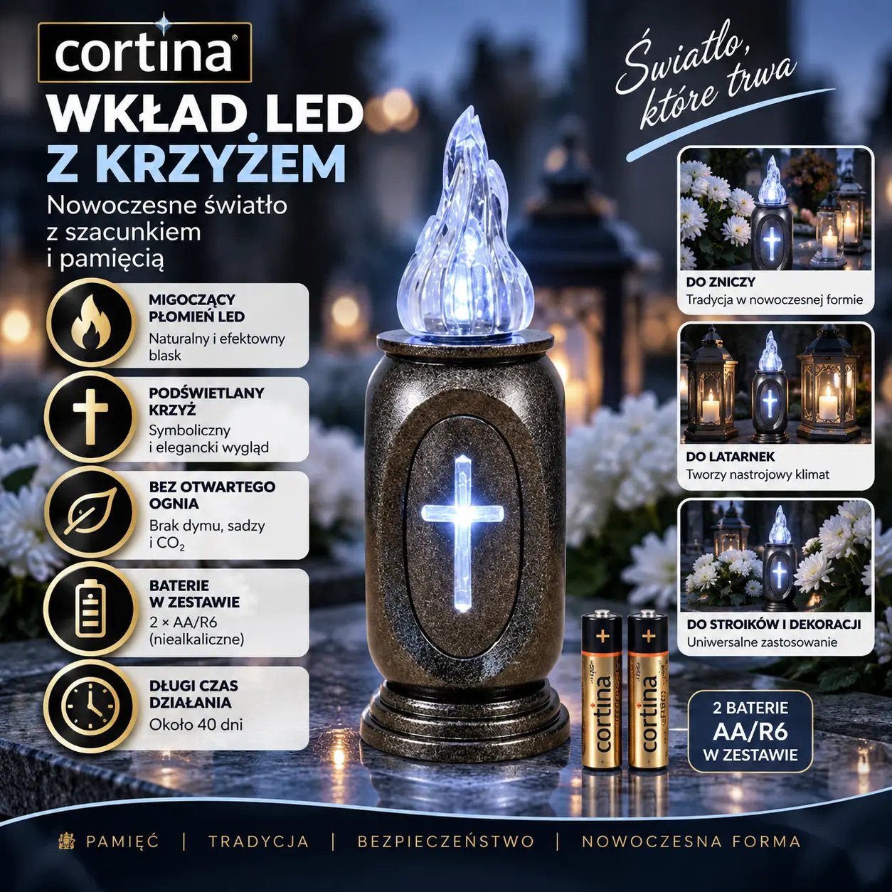 Wkład do zniczy LED granitowy na baterie biały 16 cm Cortinaczerwony 16 cm Cortina