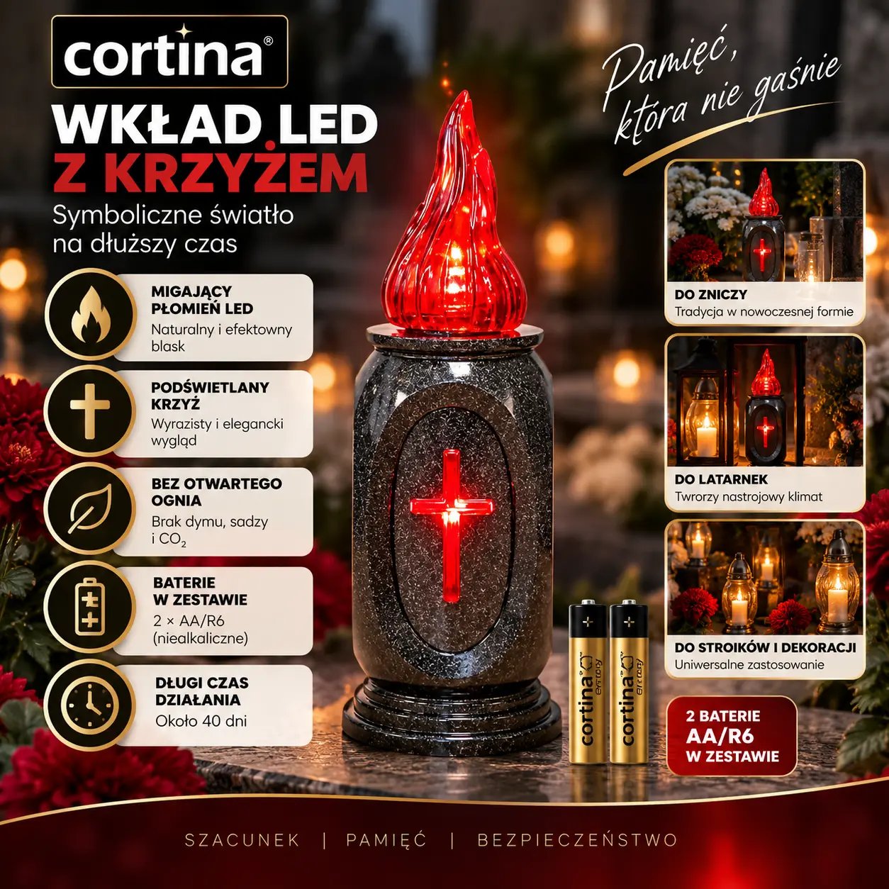 Wkład do zniczy LED granitowy na baterie czerwony 16 cm Cortina x 12 szt