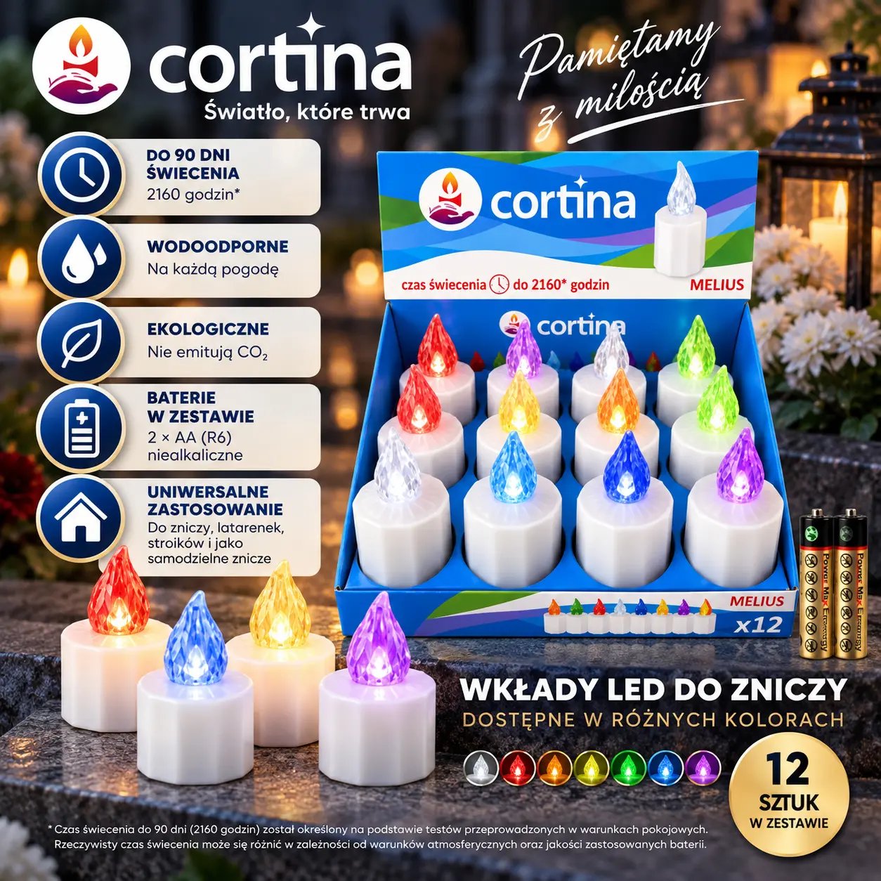 Wkład do zniczy Led Melius 90 dni Mix 8 kolorów (12 sztuk)