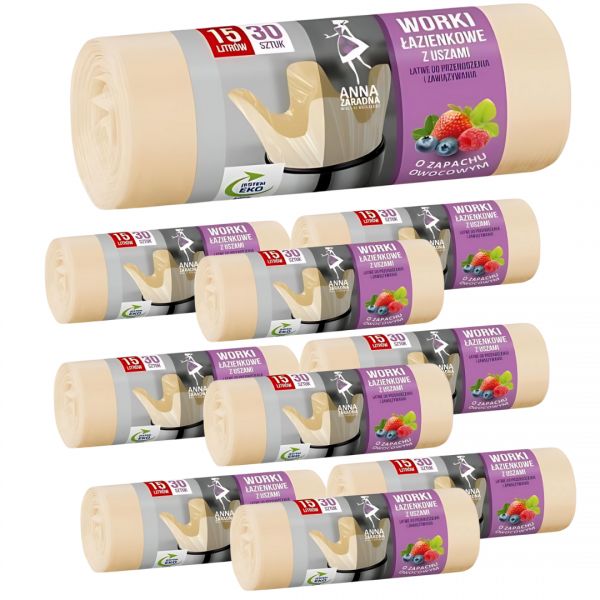 Worki na śmieci Anna Zaradna łazienkowe z uszami pachnące 15 l beżowe (30 sztuk) x 10 opakowań