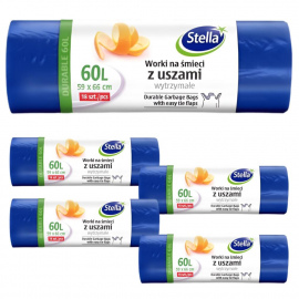 Worki na śmieci Stella z uszami wytrzymałe 60 l (18 sztuk) x 5 opakowań