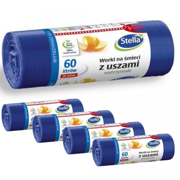 Worki na śmieci Stella z uszami wytrzymałe 60 l (20 sztuk) x 5 opakowań