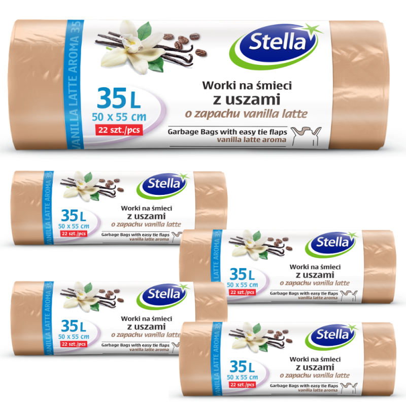 Worki na śmieci Stella z uszami zapach vanilla latte 35 l beżowe (22 sztuki) x 5 opakowań