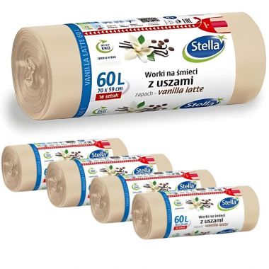 Worki na śmieci Stella z uszami zapach vanilla latte 60 l beżowe (16 sztuk) x 5 opakowań