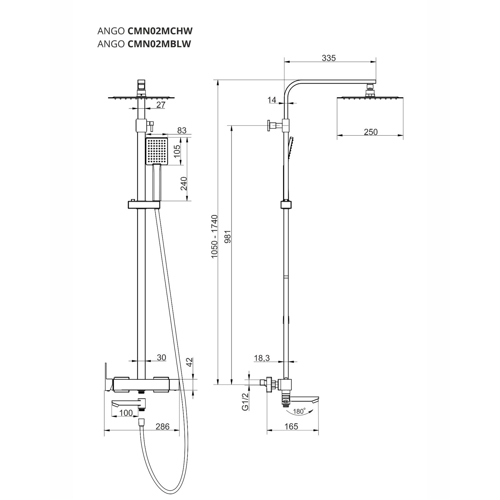 Zestaw natryskowy Kolumna prysznicowa Corsan ANGO Deszczownica 25cm Wylewka obrotowa Chrom