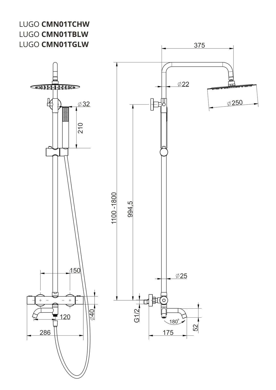Zestaw natryskowy z termostatem Kolumna Corsan LUGO Deszczownica 25cm Wylewka obrotowa Złota